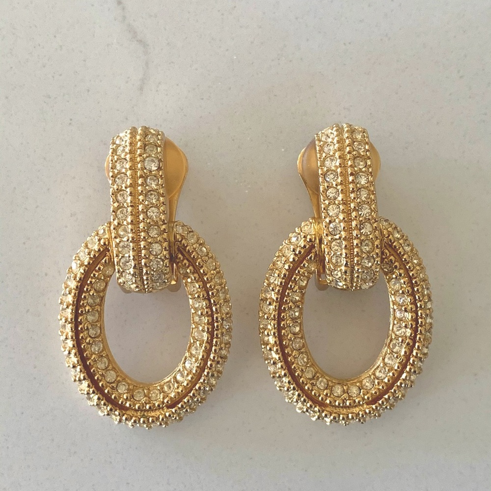 Vintage Christian Dior Pavé Crystal Door Knocker Clip Earrings